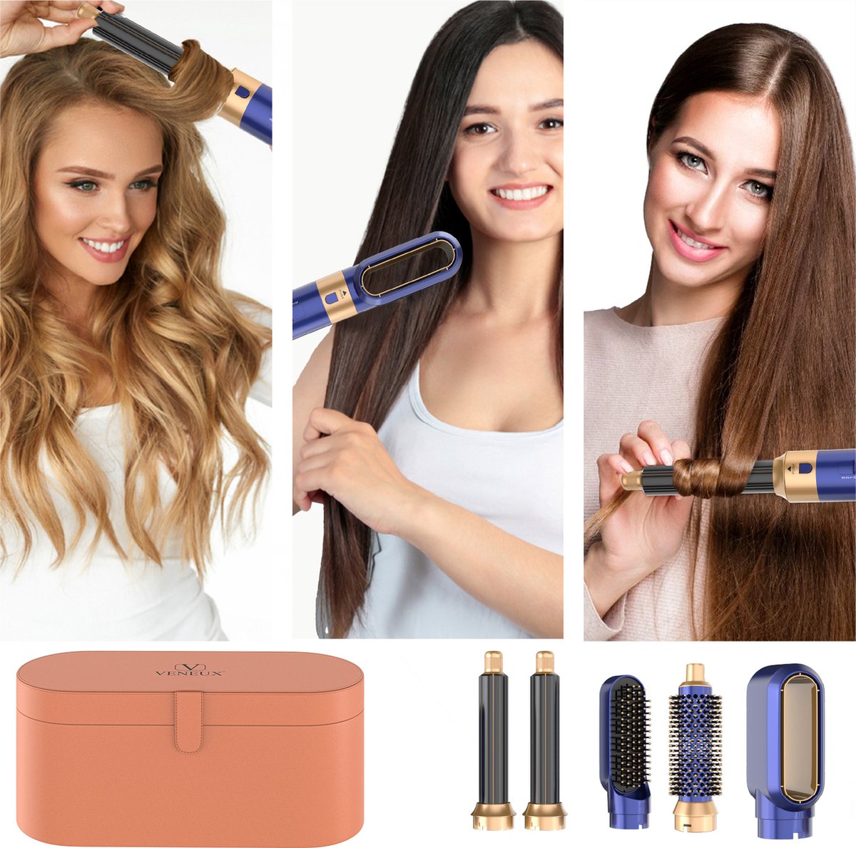 VENEUX® Föhnborstel - Airstyler - Krulborstel - Krultangen - 5-in-1 Multistyler - Met Opbergcase - Blauw Met Goud