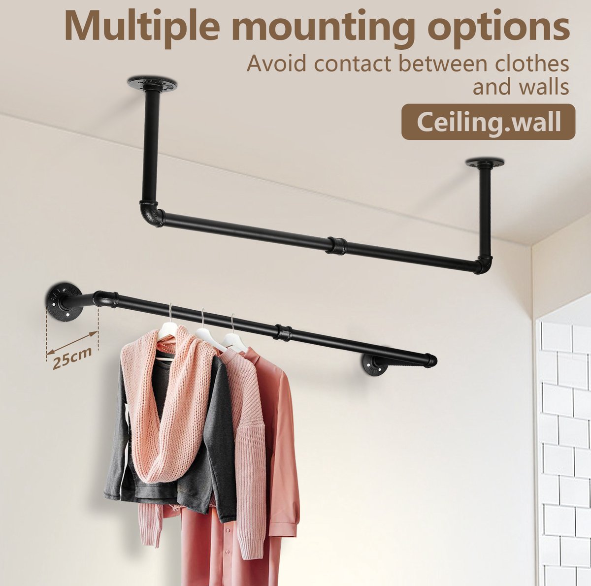 Kledingstang - Kledingstang voor aan de muur - Kledingrek - Kledingroede - 3 Stuks - Premium Metaal - 92 cm - Zwart - Hangrek - Garderobe Stang - Wandgarderobe - Industrieel - Ruimtebesparend - Eenvoudige Montage - 65 kg Draagvermogen