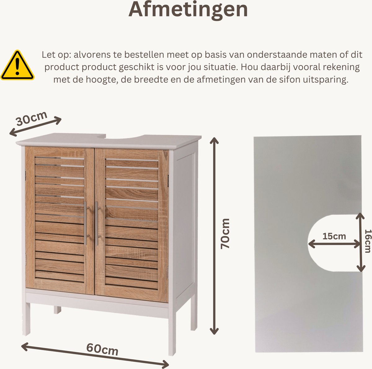 Miami - Wastafelonderkast - Wastafelmeubel - Badkamerkast - Wit/Eiken - H70 x B60 x D30 - Badkameronderkast
