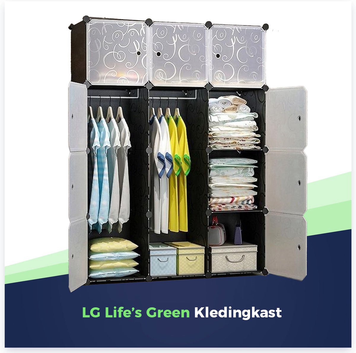 LG Life's Green Modular Storage Cabinet – 110x46.5x145CM – Cabinet with 12 Storage Compartments and 2 Hanging Rods – Plastic Wardrobe – Compartment Cabinet – Black