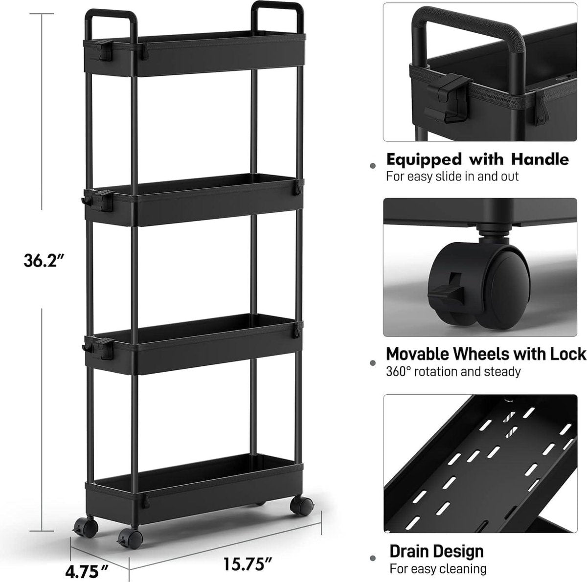4-Tier uitschuifbare opbergtrolley - rolbare boodschappentrolley - mobiele opbergrekken - keuken badkamer wasruimte slaapkamer - smalle ruimtes - zwart