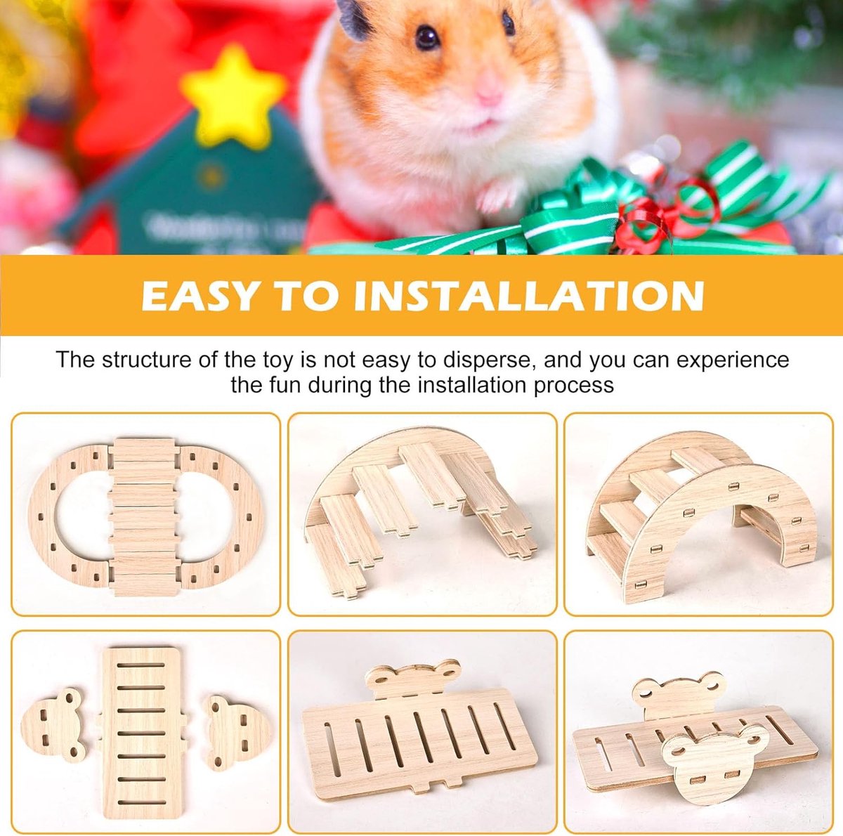 Wooden Hamster Toys, 6 Pcs DIY Hamster Chew Toys, Hamster Hideout House Bridge Seesaw Swing Exercise Toys, Hamster Cage Accessories for Gerbils