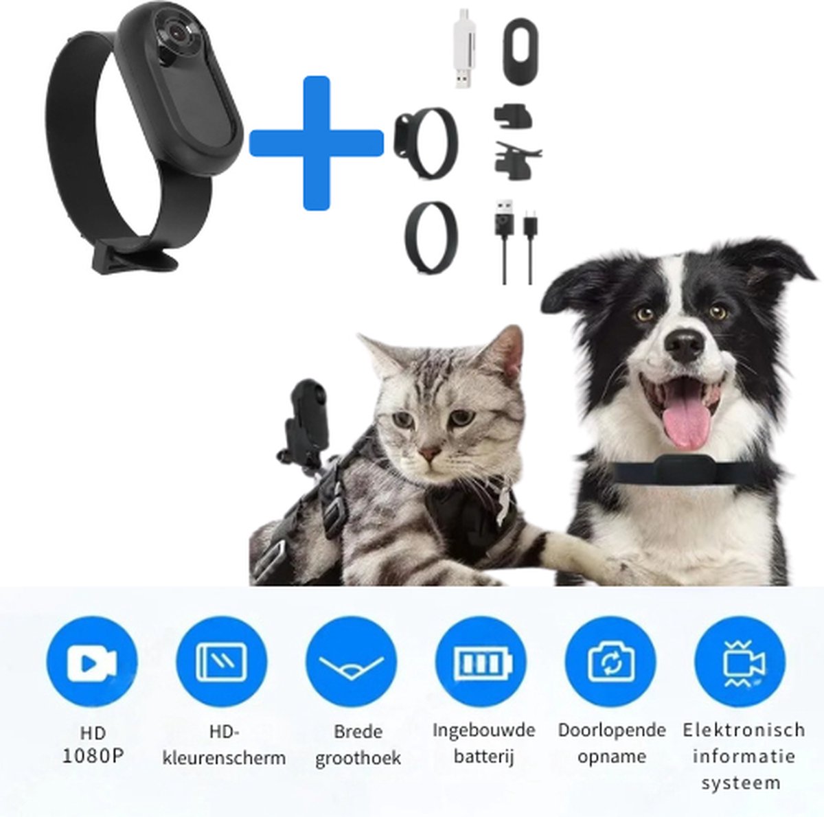 Rakmishop - Halsband camera - Incl 128GB SD - Halsbandcamera - Huisdiercamera met app - Huisdiercamera - GPS Tracker - 2-3 uur opnemen - HD 1080P