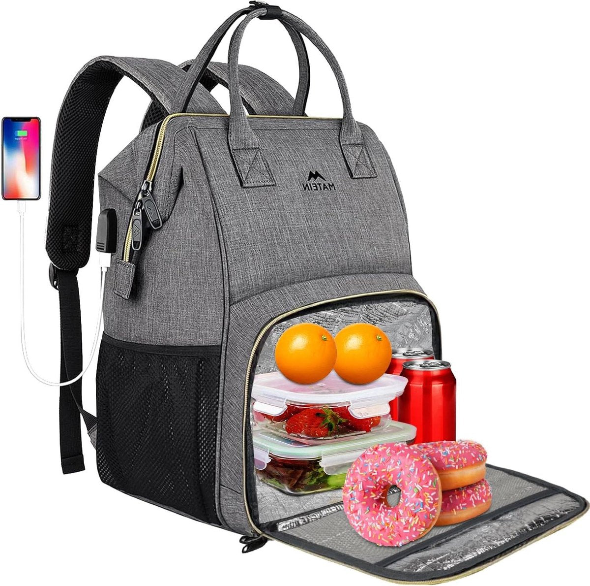 Laptop lunchrugzak voor dames 15,6 inch met geïsoleerd koelvak en USB-poort - Grijs, waterbestendige damesrugzak