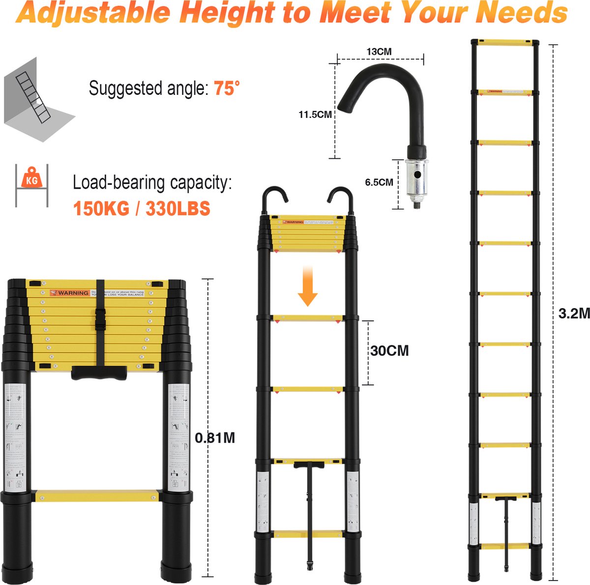 Telescopische Vouwladder - Telescopische Ladders Alu-3,2m ONE-knop retractie - Met haak- geel zwart