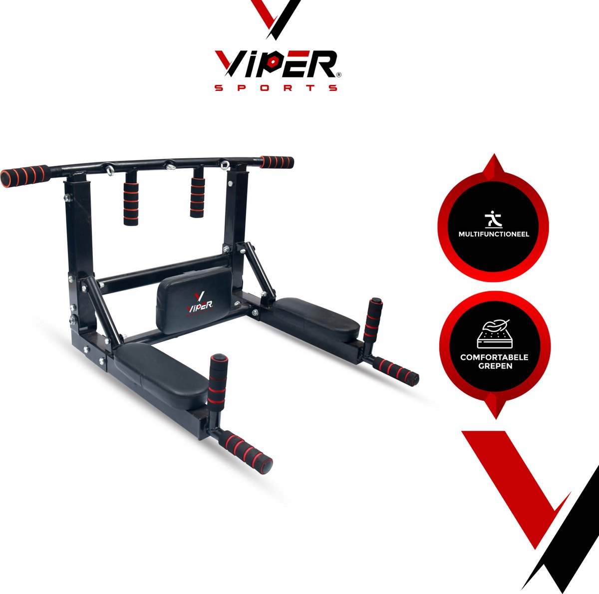 Viper Sports PullPower – Optrekstang – Rug- & Armkussen – Antislip – Tot 120 kg – Metaal – Zwart/Rood