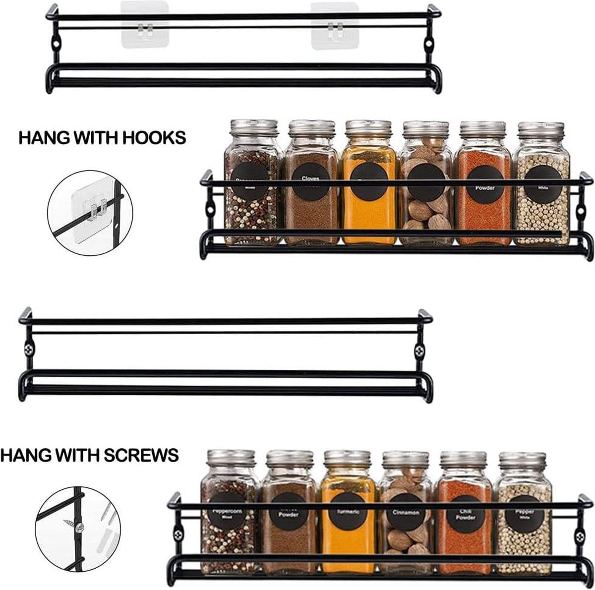 Metal black spice rack - hanging without drilling - wall kitchen rack for kitchen spices - 29 x 65 cm hangable spice rack