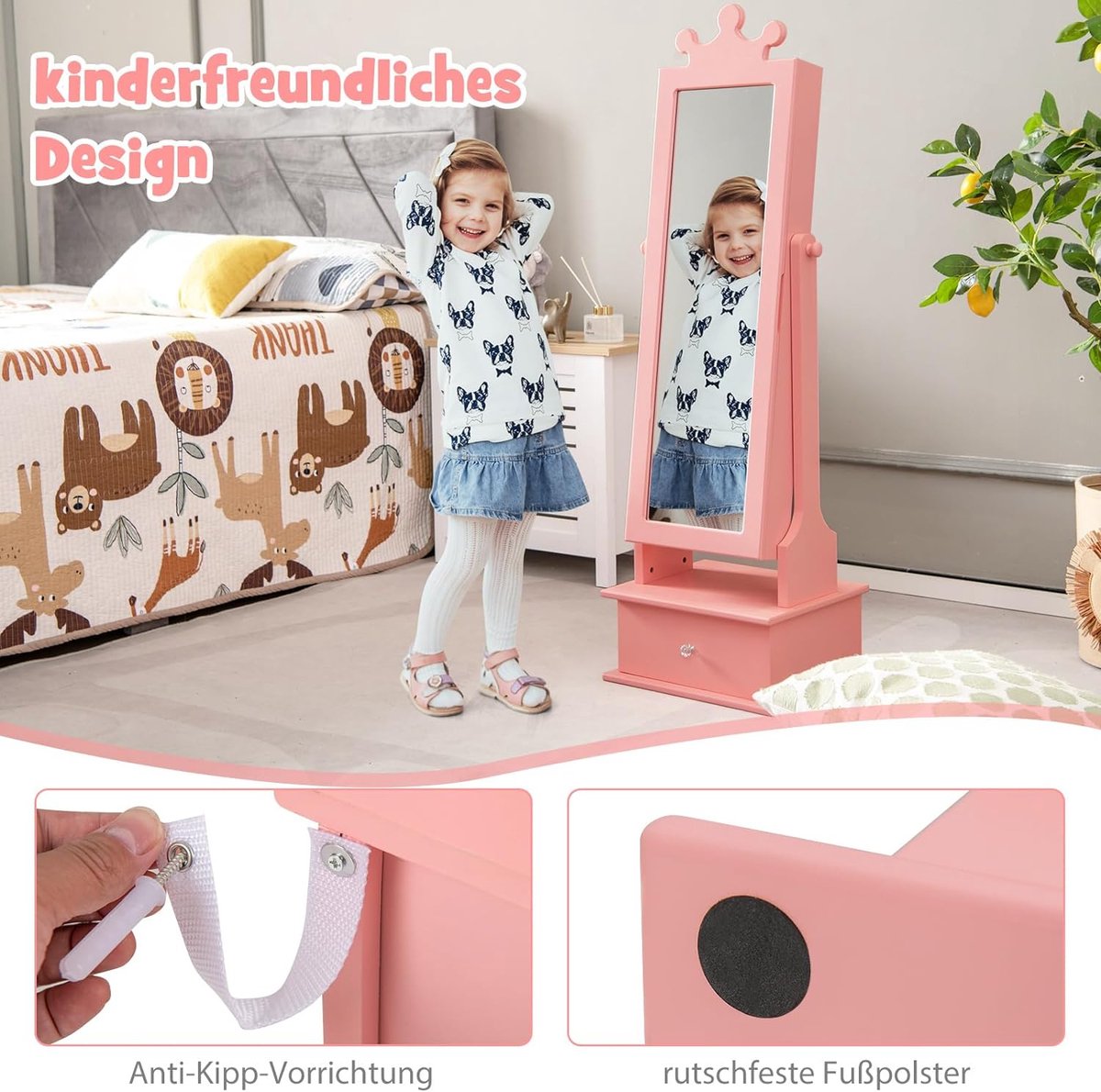 Kinderjuwelenkast, kantelbaar met passpiegel, 2 verstelbare hellingshoeken en 3 lades, make-upspiegel, kroonvormige juwelenhouder voor kinderen vanaf 3 jaar (roze)