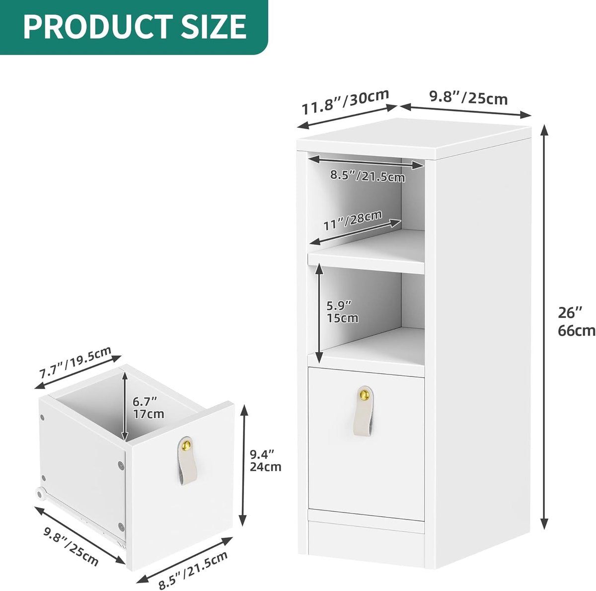 Nachtkastje, bijzettafel, 2 open planken, 1 lade, smal nachtkastje voor de slaapkamer, ruimtebesparend, woonkamer, studeerkamer, modern, wolken, wit, 30 x 25 x 66 cm
