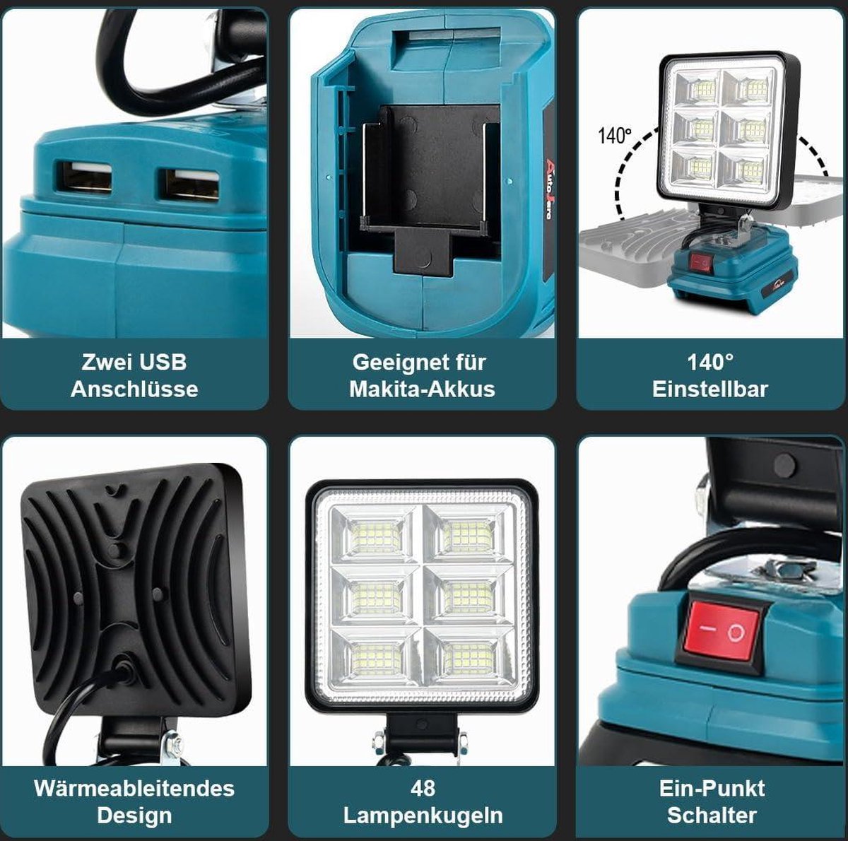 18 V 50 W draadloze schijnwerper - Batterijlamp Makita - USB-opladen - Draagbare LED-werklamp - Autoreparatie - Thuisverlichting - Camping - Vissen - 10 cm