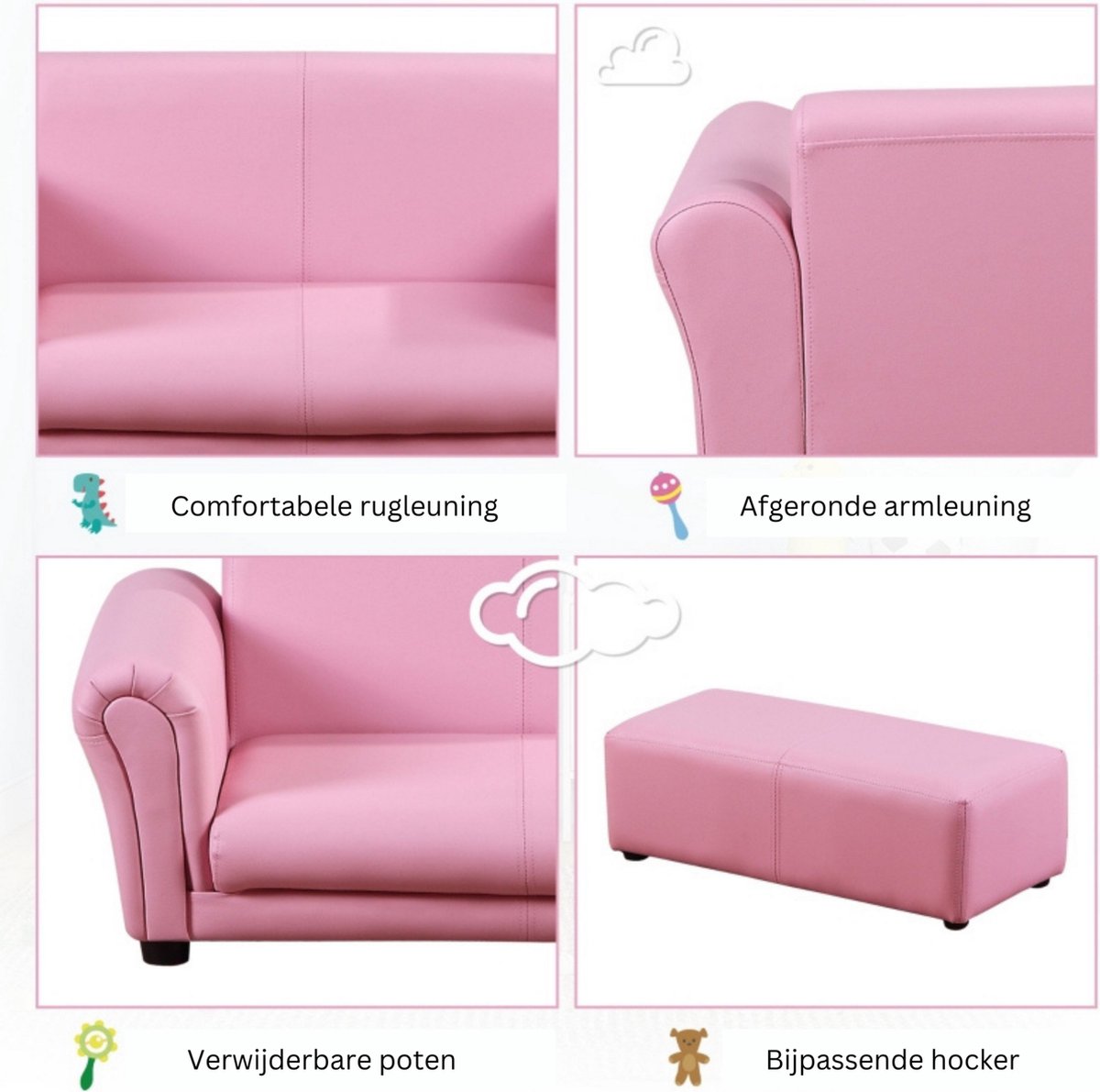 Kinderbank met Hocker - Kinderfauteuil - Kinderzetel - Kindermeubels - Zitbank - Roze - 83 x 42 x 41 cm
