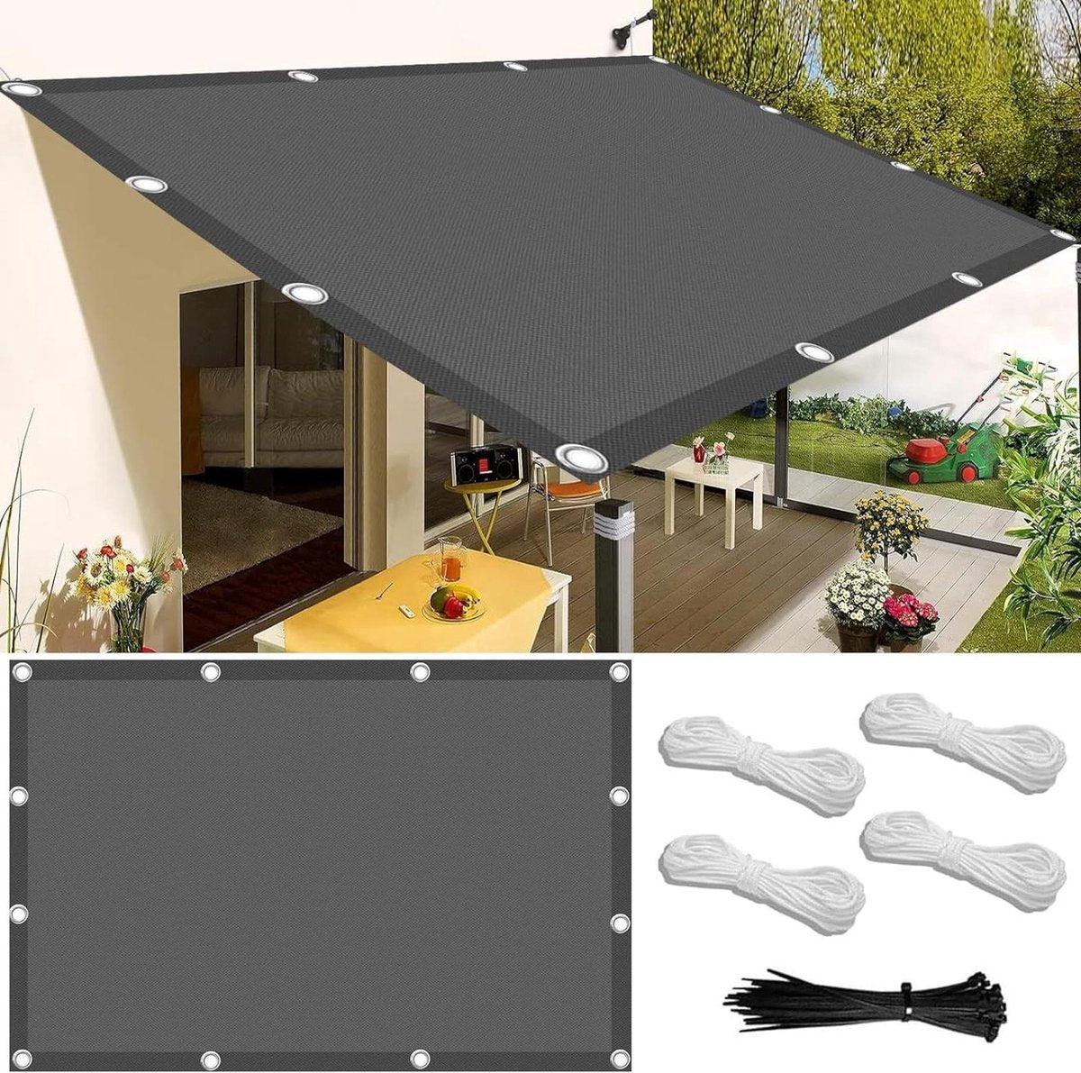 Waterproof rechthoekig zonnezeil - 15 x 2 meter - schaduwnet - bevestigingskoord - zonwering - balkon terras tuin