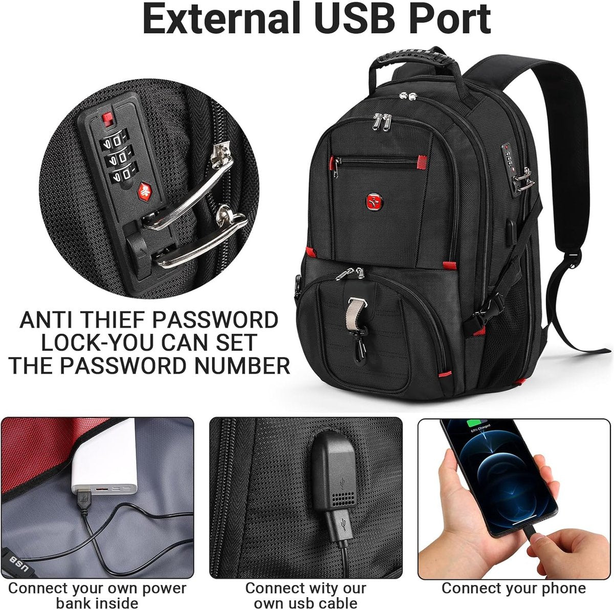 Rugzak voor heren, 17 inch laptop, schoolrugzak, werkrugzak, reisrugzak, waterdichte werktas, zakelijke reisrugzak mannen, grote schooltas voor werk, universiteit, reizen, school, zwart