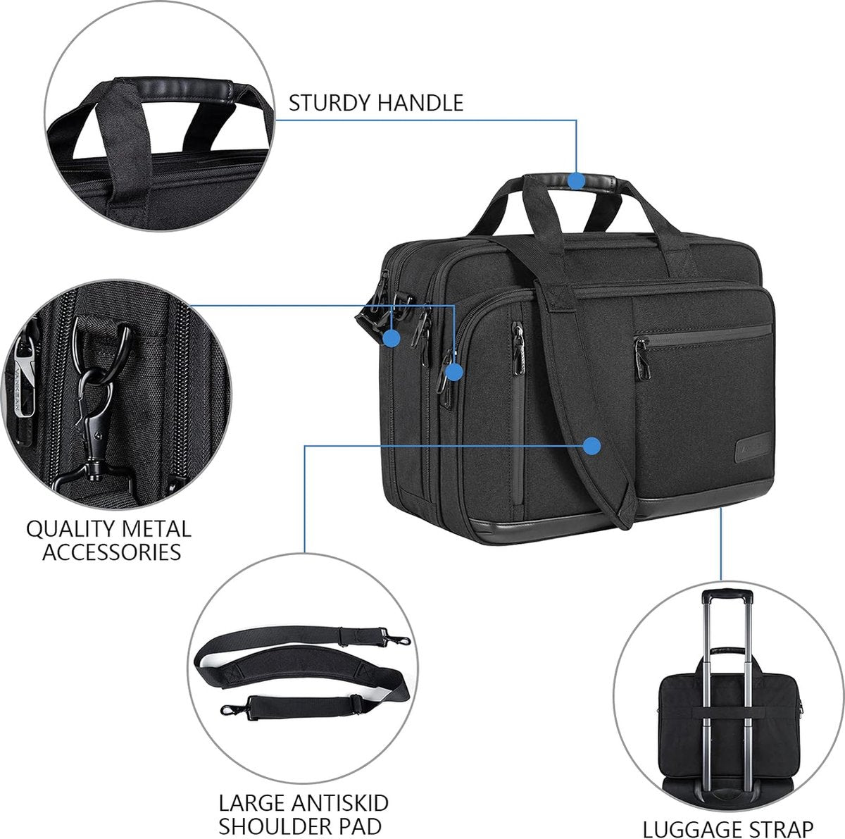 17,3 inch laptop aktetas voor mannen en vrouwen, hoogwaardige schoudertas, waterafstotende laptoptas met RFID-vak, uitbreidbare messenger bag