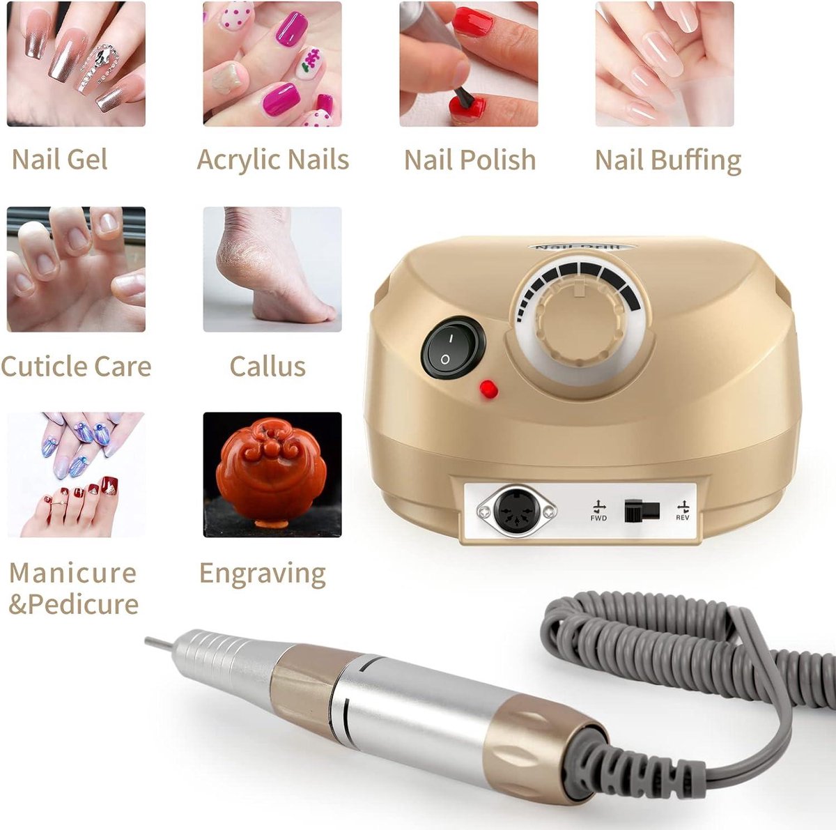 AISEELY Elektrische Nagelfrees - Nagelvijl Manicureset - Nagelboor Kit - 30.000 tpm - Instelbare Snelheid - Veilig voor Beginners en Professionals - Goud