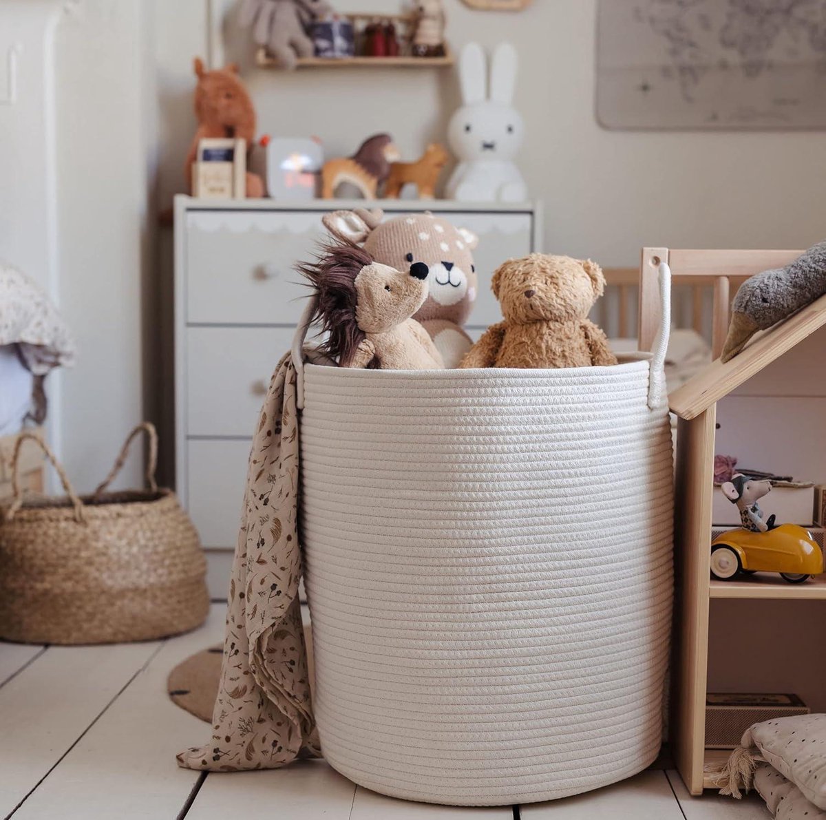 Wasverzamelmand Wit Groot - Dekenmand - Babywasmand - Geweven opbergmand - Strijkgoedmand - Speelgoedopbergmand - Katoenen touwmand - Wasgoedmand - Afmetingen 38x45cm wasmand