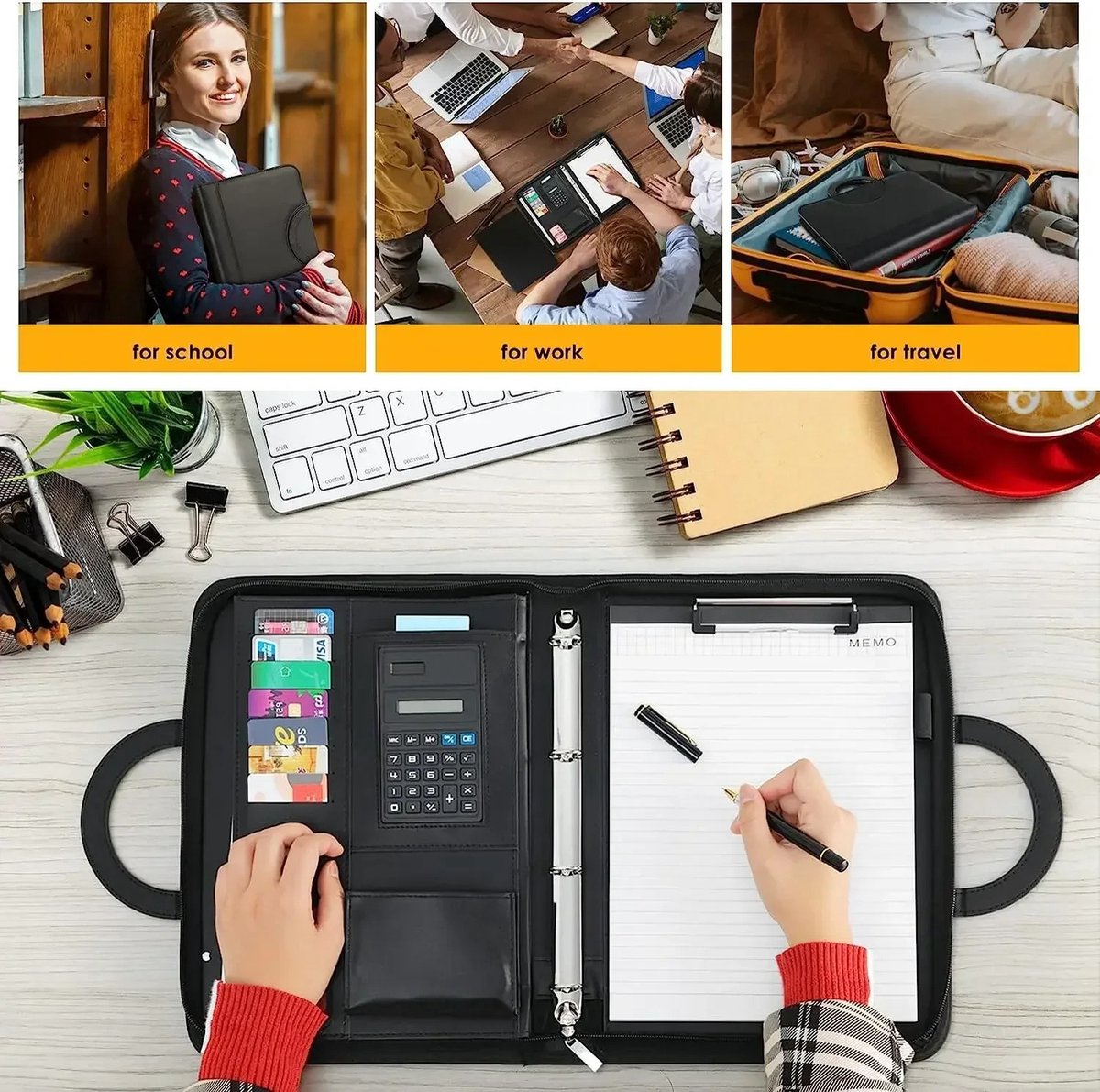 Bealive® Verzamelmap A4 - Notitieboek - Zakelijke map - Conferentiemap - Kantoorbenodigdheden - Met rits - Inclusief rekenmachine, notitieblok en markeerstift - Hoogwaardig PU-leer - Waterdicht