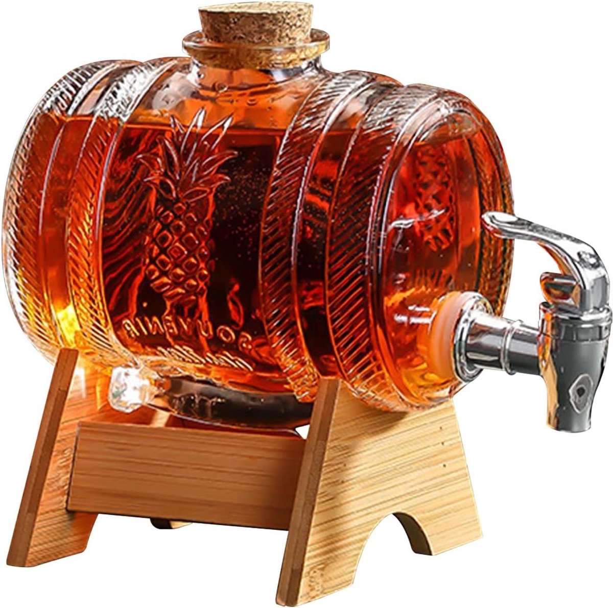Whiskey Karaf 1000ml met Houten Standaard - Drankdispenser voor Wijn - Glazen Wijnvat met Kraan - Scotch Bourbon Vodka Rum Likeur - Feestdrankje - Cadeaus voor Vriend Man Vader