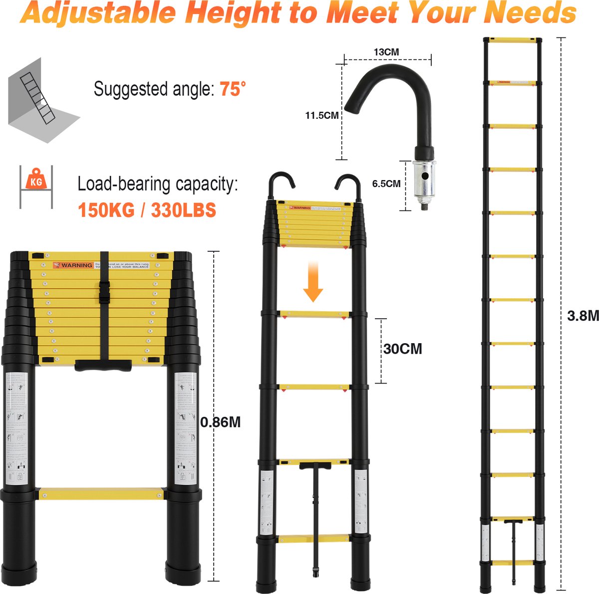 Telescopische Vouwladder - Telescopische Ladders Alu-3,8m Eénknops retractie - Met haak - Geel zwart