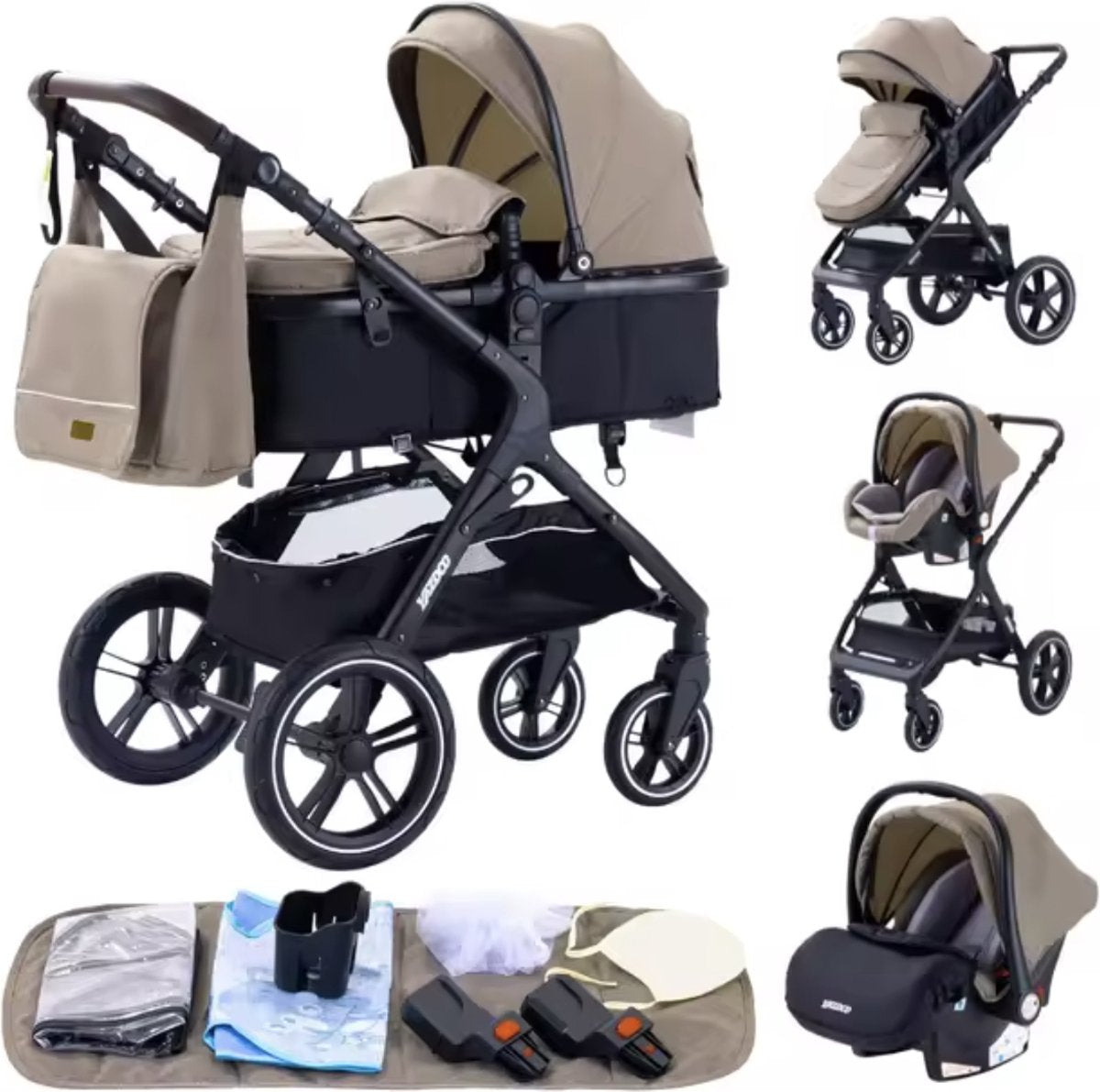 J&R Kinderwagen 3-in-1 - Kinderwagen - Bedje - Buggy - Autostoel - Opvouwbaar - Aluminium frame - Beige - Zwart