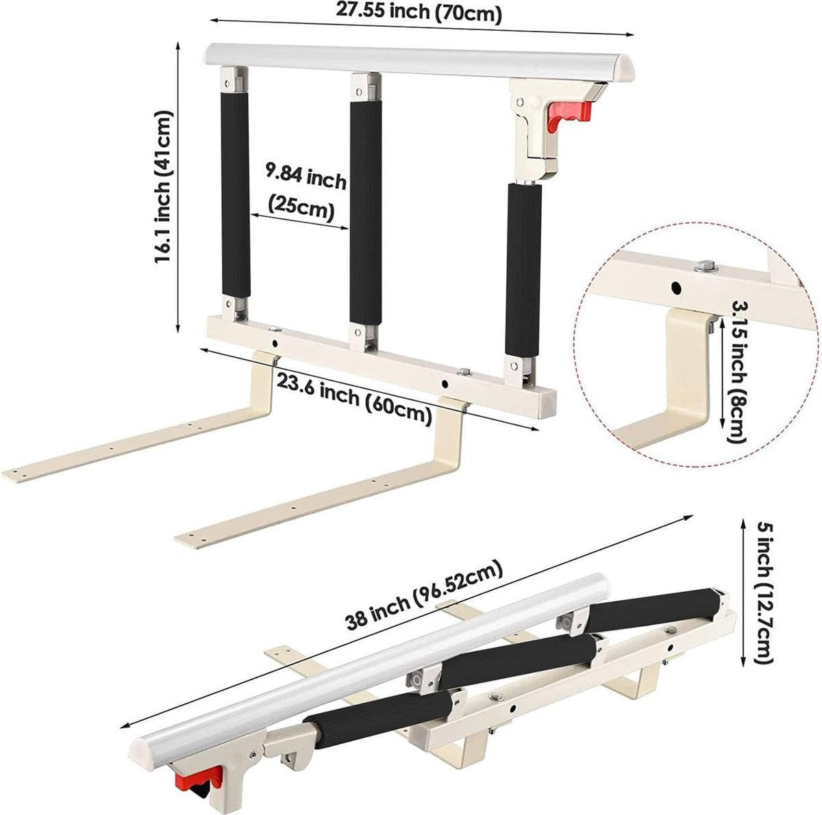 Opvouwbare bedhek veiligheidszijbeveiliging voor ouderen, volwassenen, ondersteunt handgreep, beschermende leuningen, bedleuning voor gehandicapten, ziekenhuis, met opbergzak (wit, 70 x 40 cm)