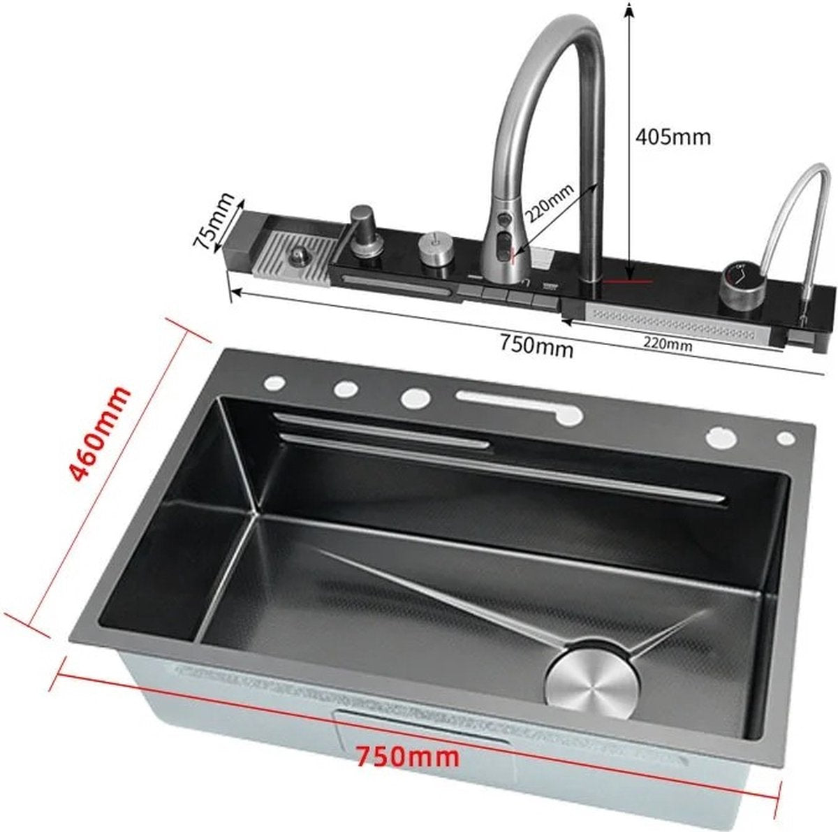 Multifunctional Sink - Kitchen sink - Multifunctional basin - Waterfall faucet - Including accessories - 75x45cm