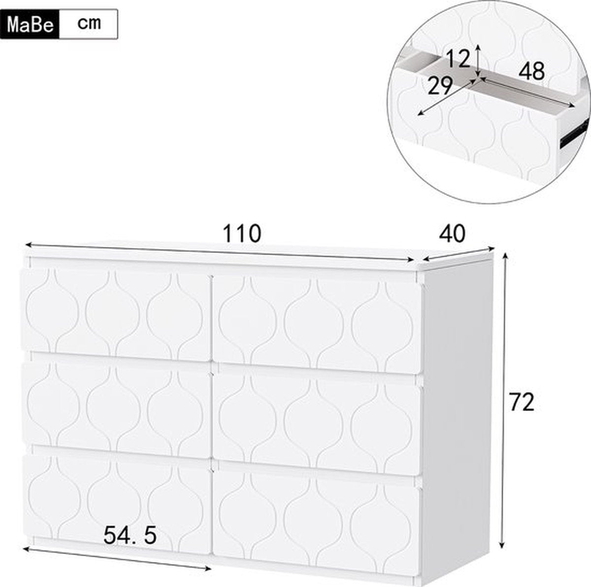Dressoir met 6 laden, halkast, voor woonkamer, badkamer en en slaapkamer, golfpatroon, gelakt, slagvast hoekontwerp, 6 vakken, 110 B x 40 D x 72 H, wit