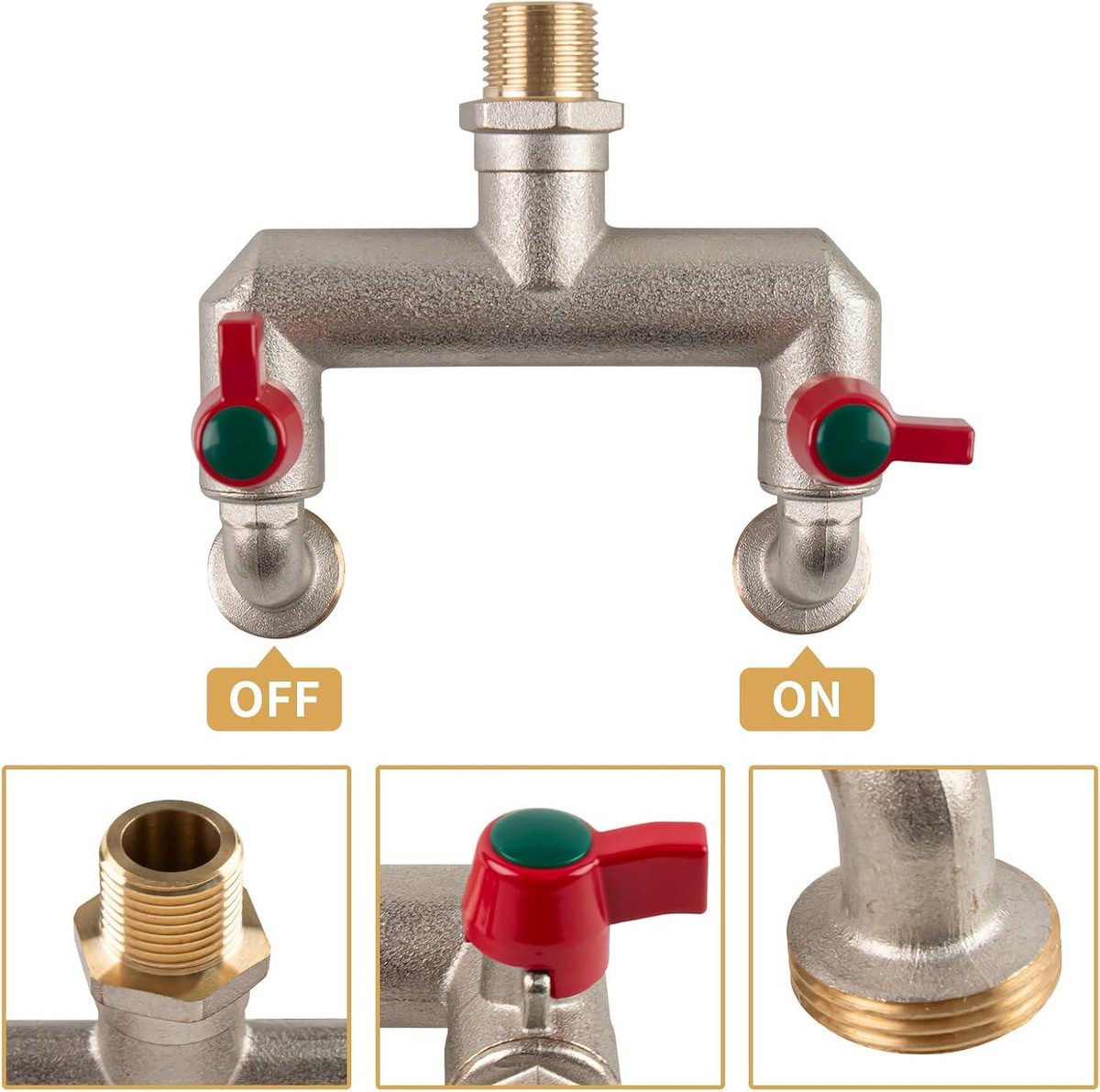 Double tap T-distributor 1/2 inch for garden and and washing machine - with 2 3/4 inch BSP garden hose tap connection Outside tap