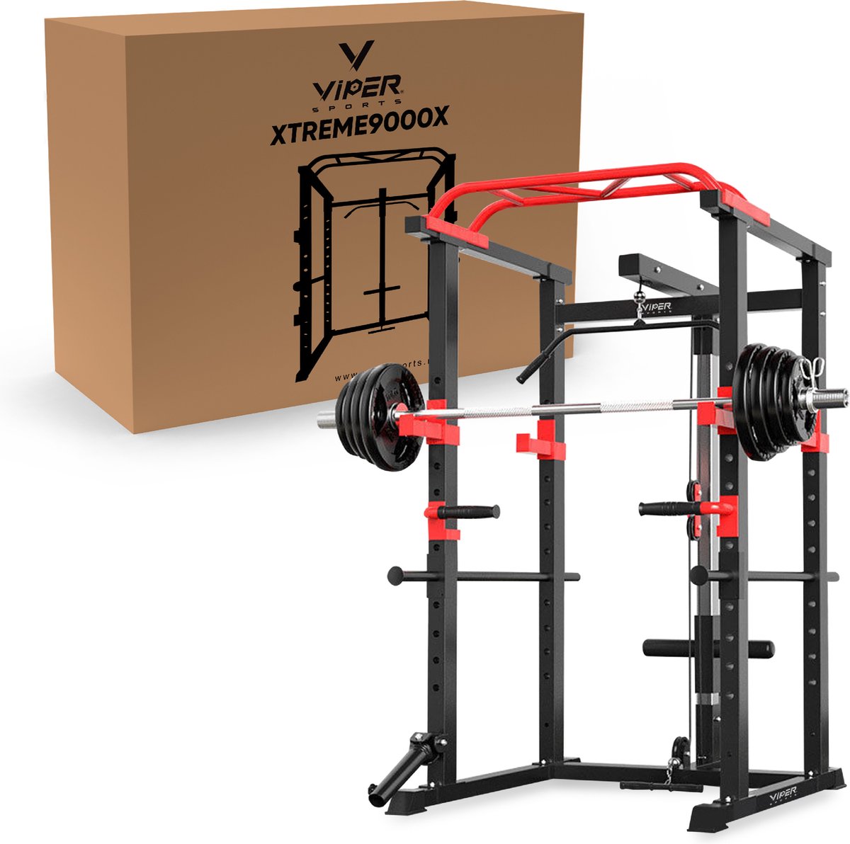 Viper Sports Extreme Power Station - Multifunctional Training Rack - W110.5xL125.5xH206 cm - Power Tower - Strength Training Equipment - Non-slip Handles - Squat Rack - Black/Red