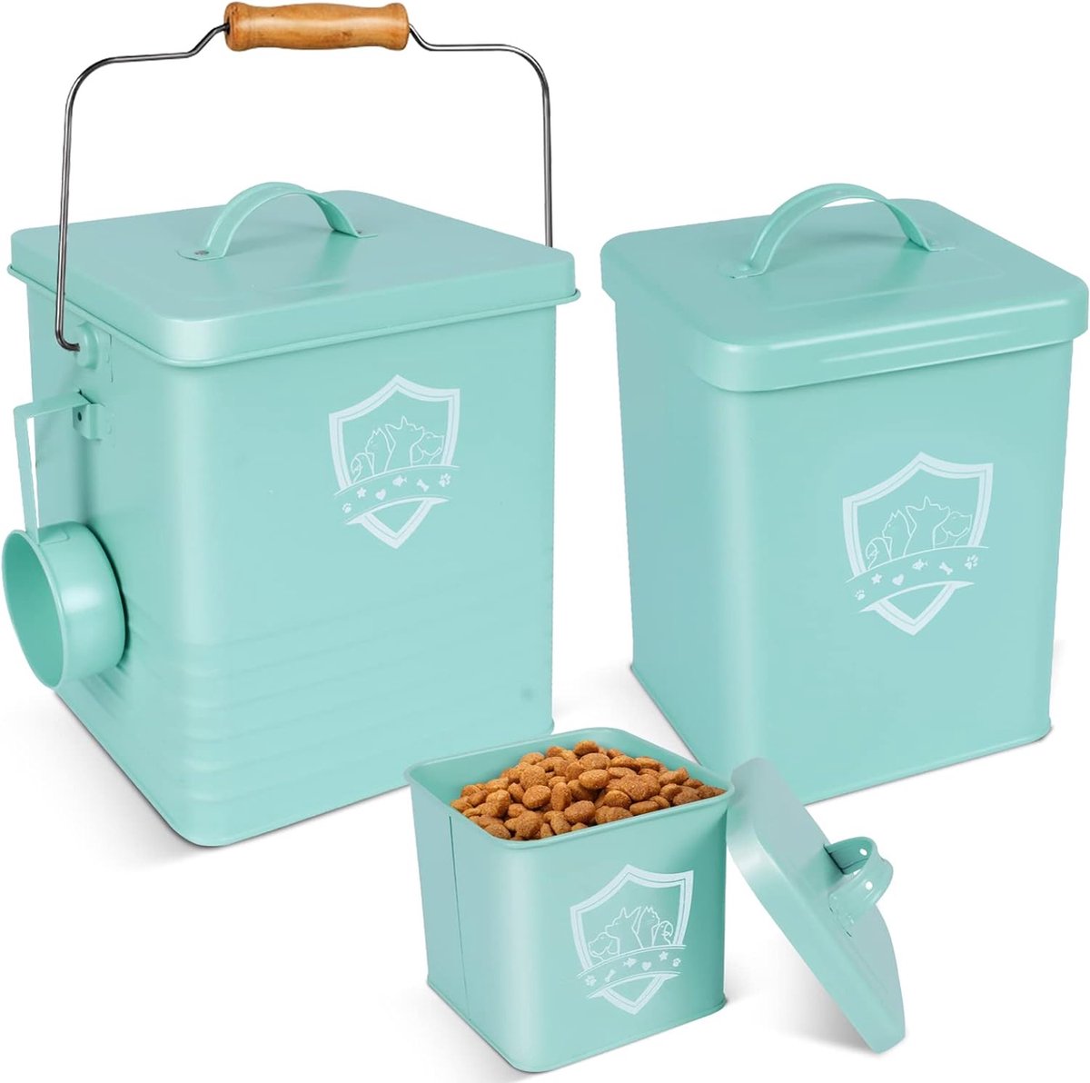 Hondenvoer opslagset van 3, luchtdichte containers met schep voor kattenvoer, voedselcontainer met deksel voor honden, droge voedselopslag, metalen hondenvoerdoos, groen.