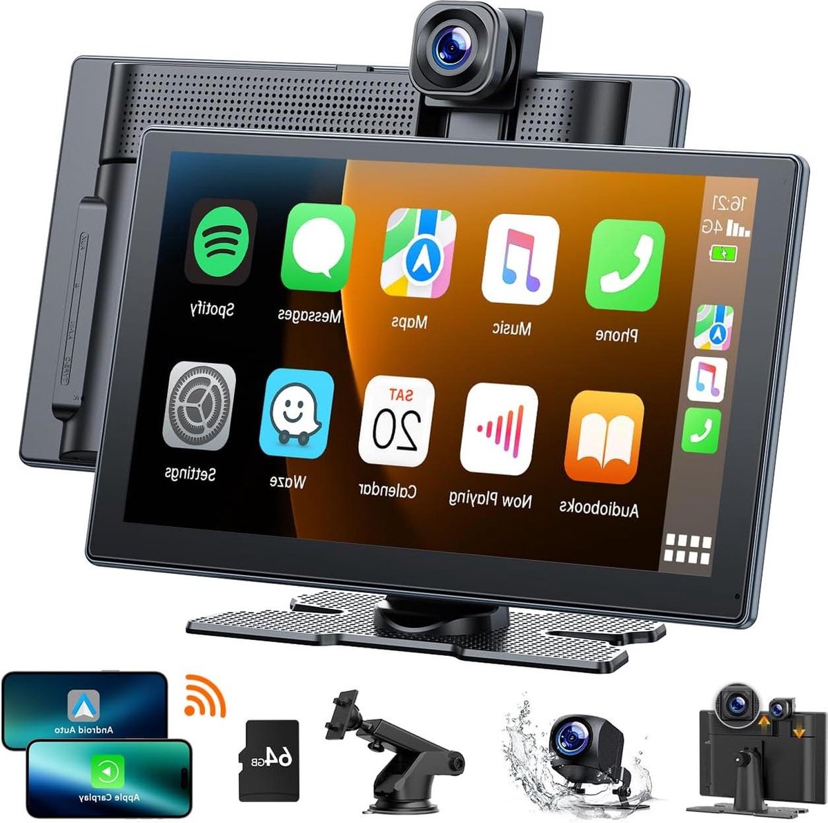9 inch Carplay-scherm met 4K-dashcam - 1080p achteruitrijcamera - draagbare autoradio - draadloze A-pple Carplay - Android Auto - Mirror Link - GPS-navigatie - G-sensor - loopopname - AUX - FM Dashcam voor auto