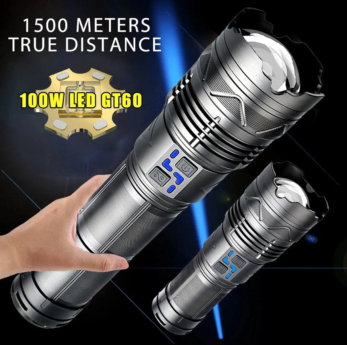 Bolmans - Zaklampen - Zaklamp - Maglite - LED Zaklamp - Zoom - 1500M Bereik - 100W - Oplaadbaar - Waterdicht - Militaire Zaklamp