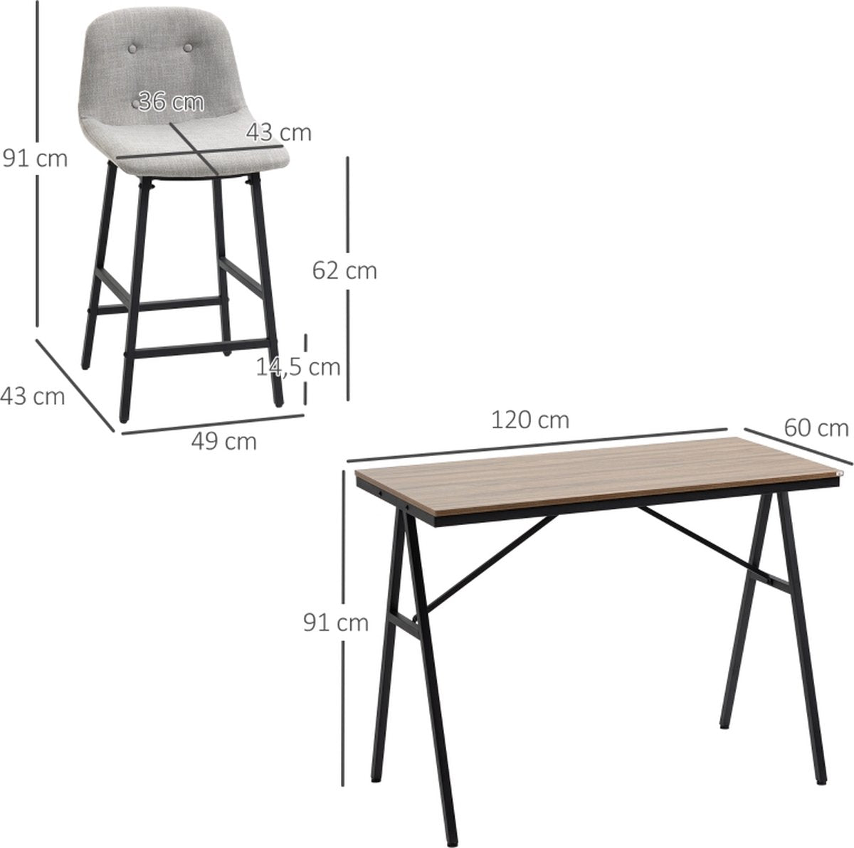 Bartafel met barstoelen - Barkrukken - Industrieel - 120 cm x 60 cm x 91 cm