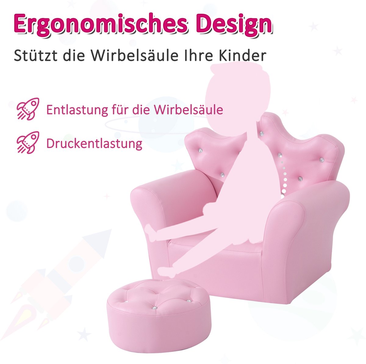 Children's sofa with crystal buttons and ottoman pink
