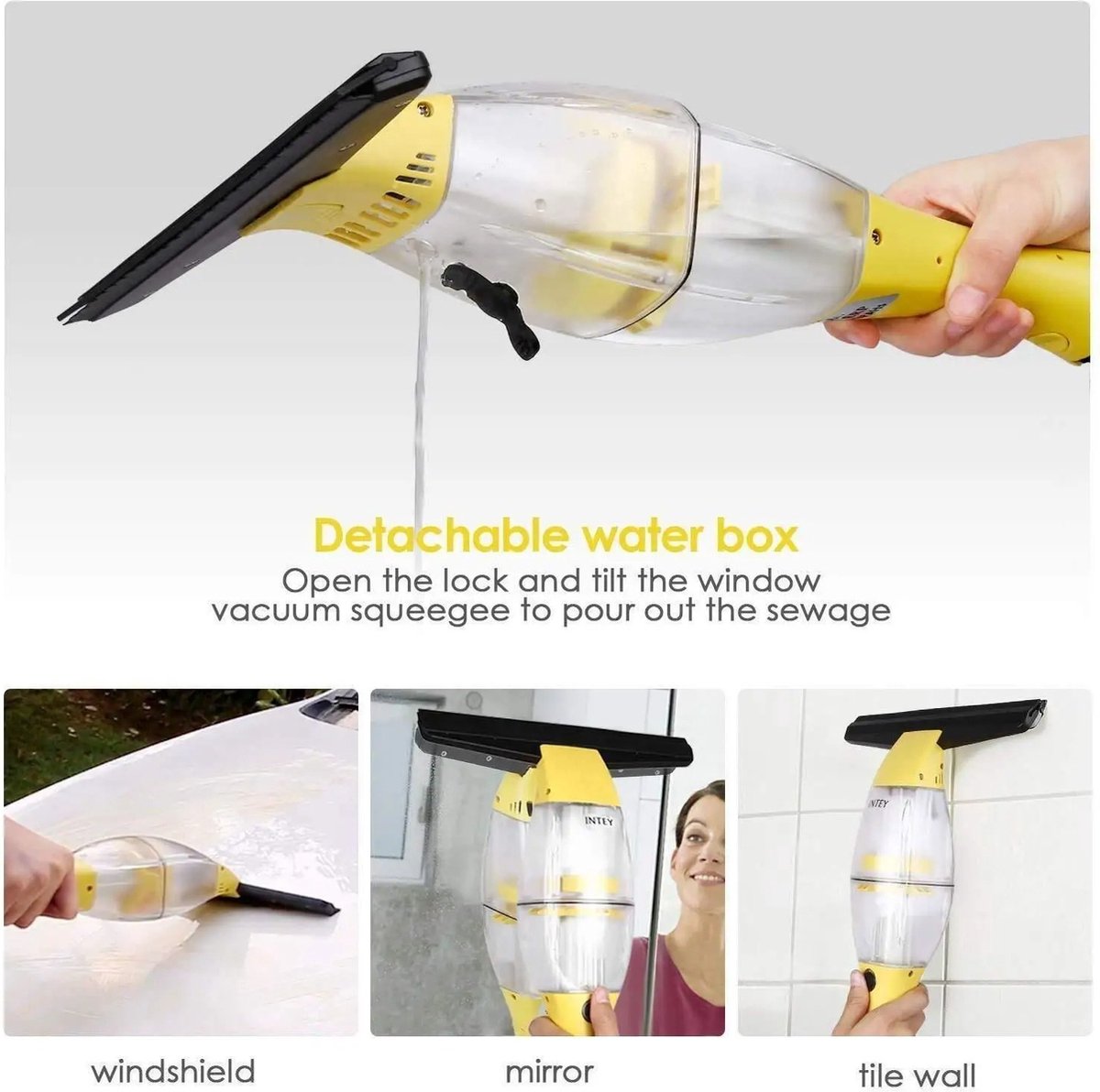 Nique Ruitenreiniger - Telescopische Ramenwasser - Ramenwisser - Ramenwasser met steel - Elektrische ruitenreiniger - Met spuitfles - 28 cm mes - Geschikt voor tafel, tegels, spiegels en glas - Geel