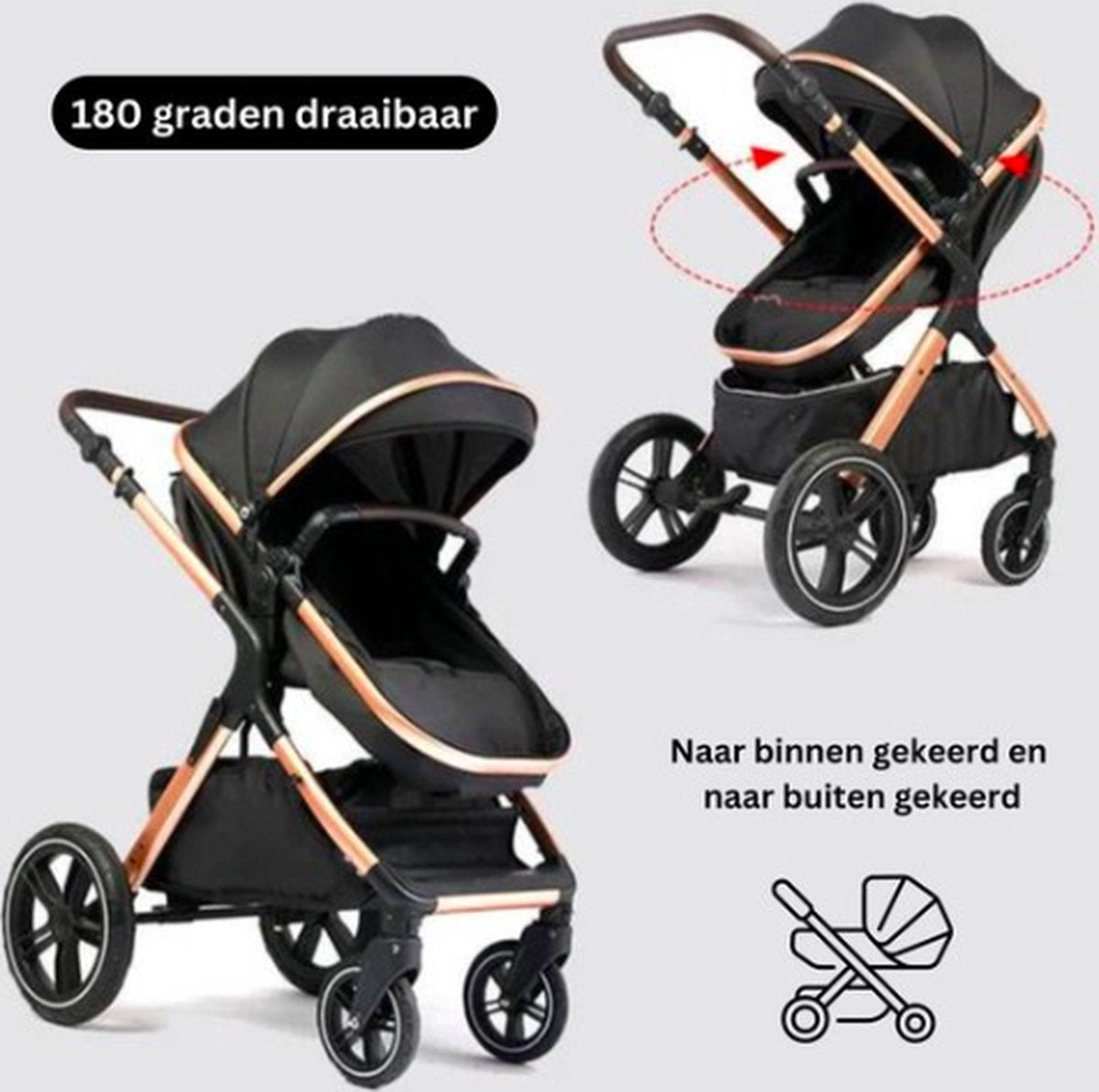 Luxe 3-in-1 Kinderwagen - Wandelwagen - Autostoeltje - Buggy - Opvouwbaar - Zwart/Goud - 0-36 Maanden