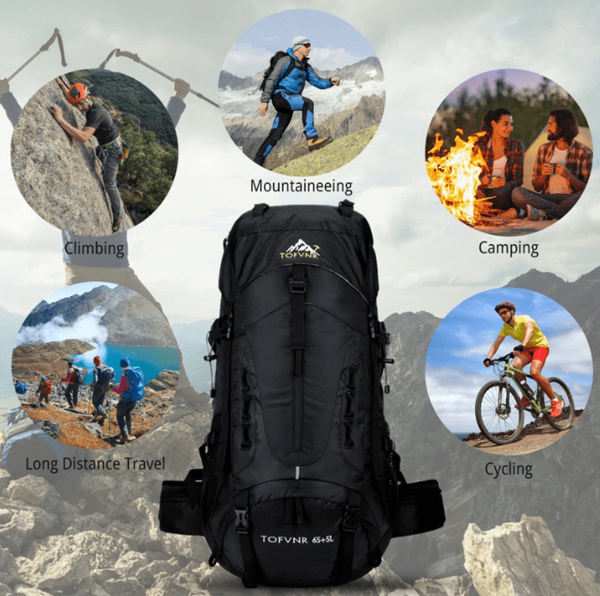 E-Shop4u® - 70L - Rugzakken - Rugzak - Wandelrugzak - Kampeerrugzak - Wandelen - Trekking - Rugzak - Zwart - Lichtgewicht - Nylon - Waterbestendig - Duurzaam - Groot - Rugzak Organizer