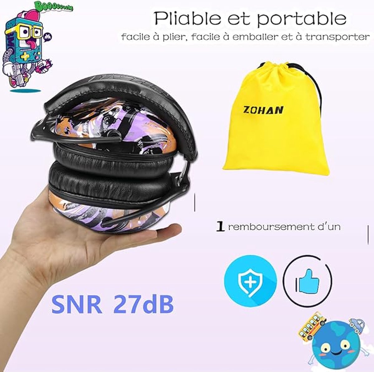 Foldable Comfortable Hearing Protection Noise Cancelling Headphones, with Carry Bag, SNR 27 dB for Autism, ADHD, Fireworks, Concert Purple (Graffiti Purple)