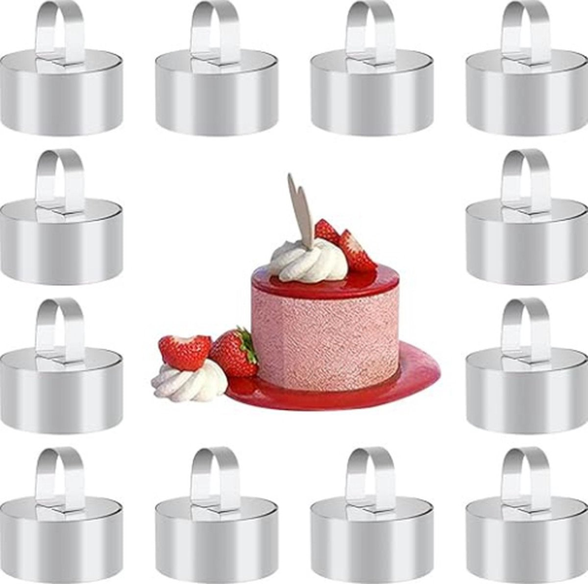 Dessertringen - Bakringen - Met Stamper - 8 cm (Rond) - 12 stuks - Taartring - Bakringen - Moussevormen - Roestvrij Staal