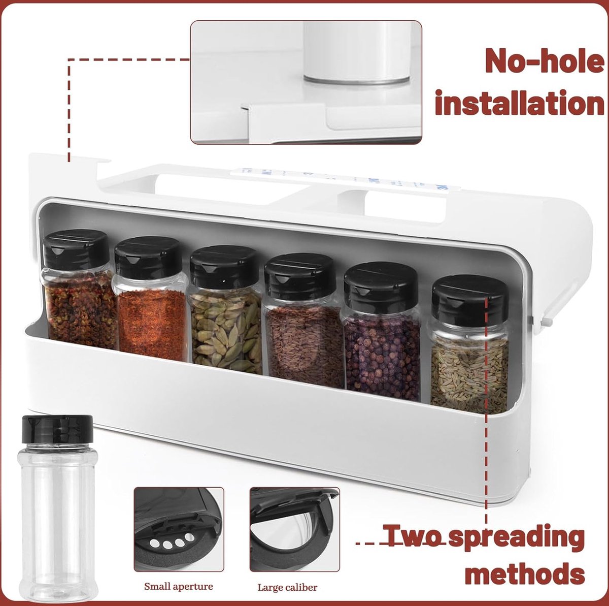 Spice jars, spice organizer, spice rack, drawer set, pull-out, with 6 spice jars, empty spice rack for hanging, sticking, kitchen accessories, rack, spice rack, spice holder, cabinet,
