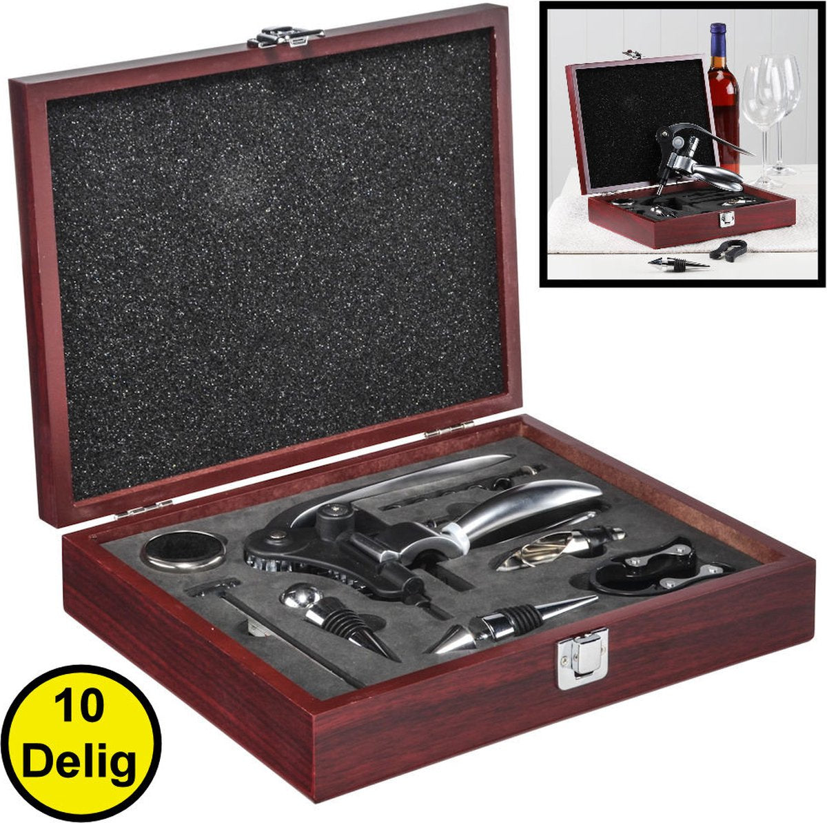 10-Piece Luxury Wine Set - Wine Bottle Accessory Set - Wine Tools - Wine Corkscrew - In Luxury Wooden Storage Box - Gift Set