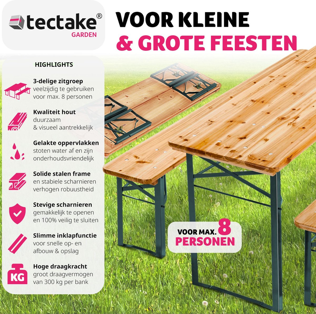 tectakeÂ® - Biertafel met 2 banken - 3-delig - Stalen frames met dennenhout - Opvouwbaar - Lengte 177cm