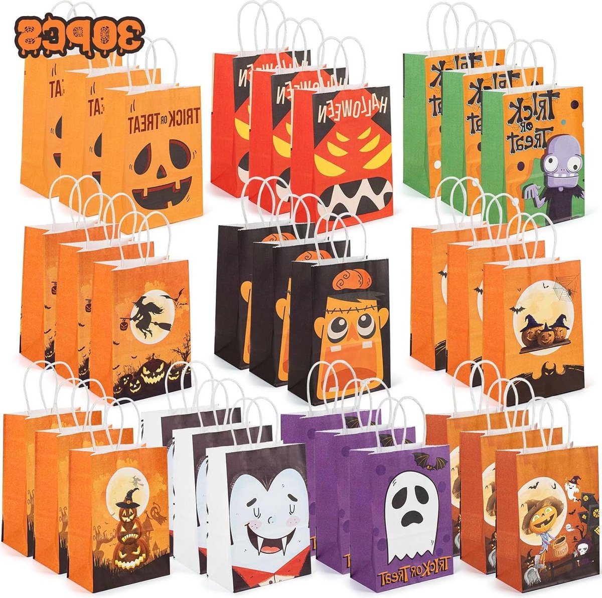30 STUKS Trick or Treat Tassen - Halloween Draagtassen met Handvatten voor Kinderen - Kraft Goody Cadeau Papieren Zakken - Cadeaus Inpakken - Halloween Feestbenodigdheden