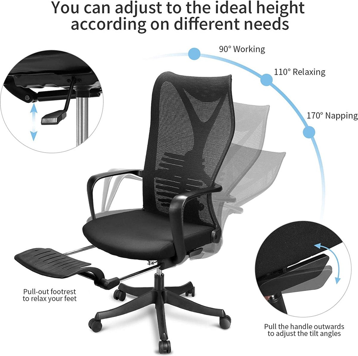 Mfavour ® Ergonomic Office Chair with Footrest, Office Chair, Ergonomic Desk Chair with Adjustable Lumbar Support, Armrest and 170° Reclining Backrest - up to 150 kg – Black