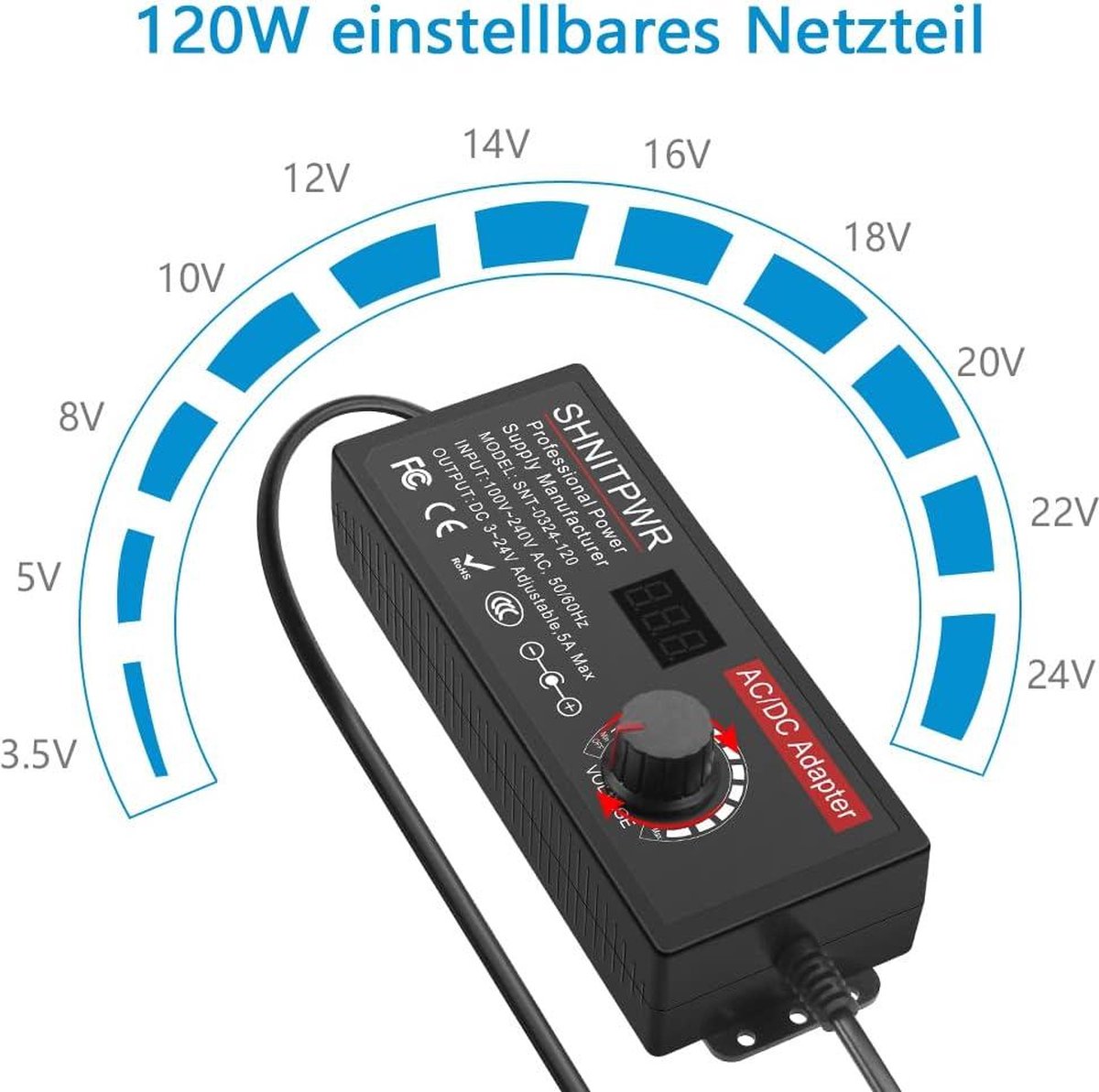 Universal Power Supply 3 V ~ 24 V 120 W 5 A - Switching Adapter with Adapter Plug - Electronic Devices Photo Frame Baby Monitor Camera LED Strips - 5000 mA max