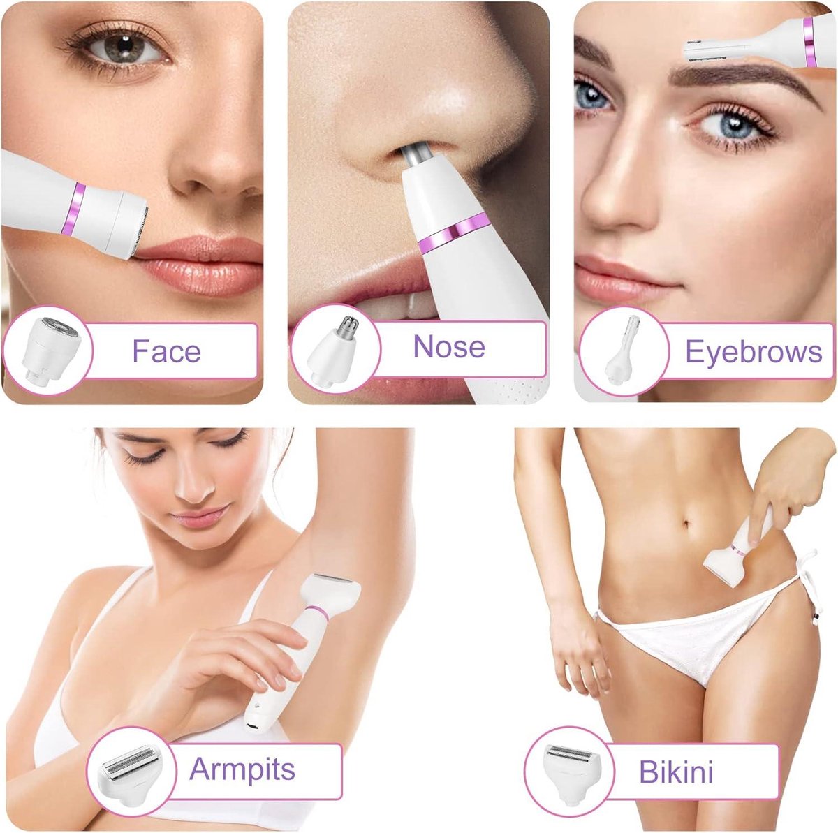Electric Ladyshave Cordless 4in1 Shaver for Women - Painless Shaving - Bikini Trimmer - Wet and Dry Hair Removal - Face Legs Armpit Eyebrow Shaver for Women