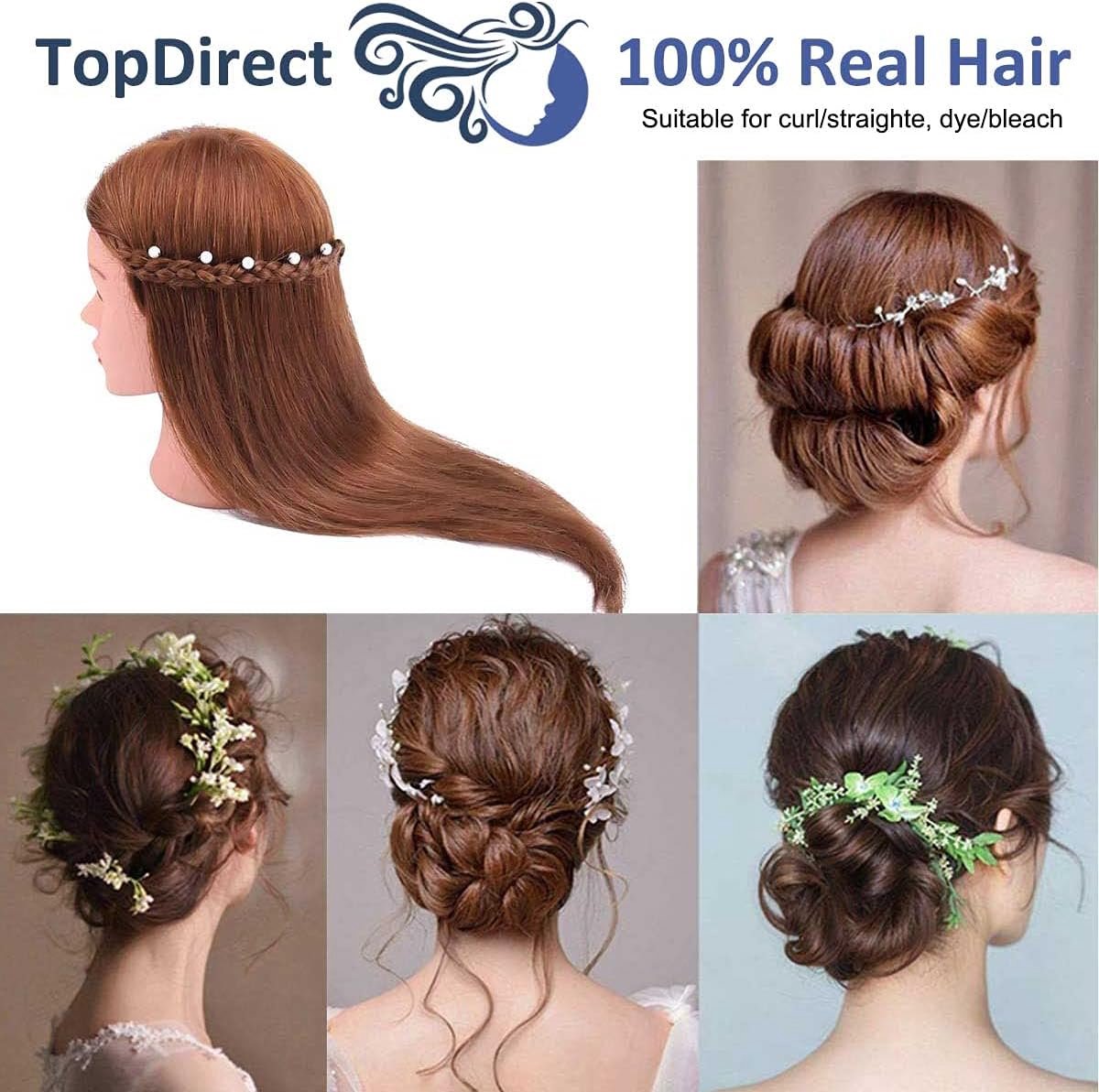 Mannequin Head for Hairdressers with Real Hair Including Clamps approx. 46 cm - TopDirect - Hairdressing Training Head