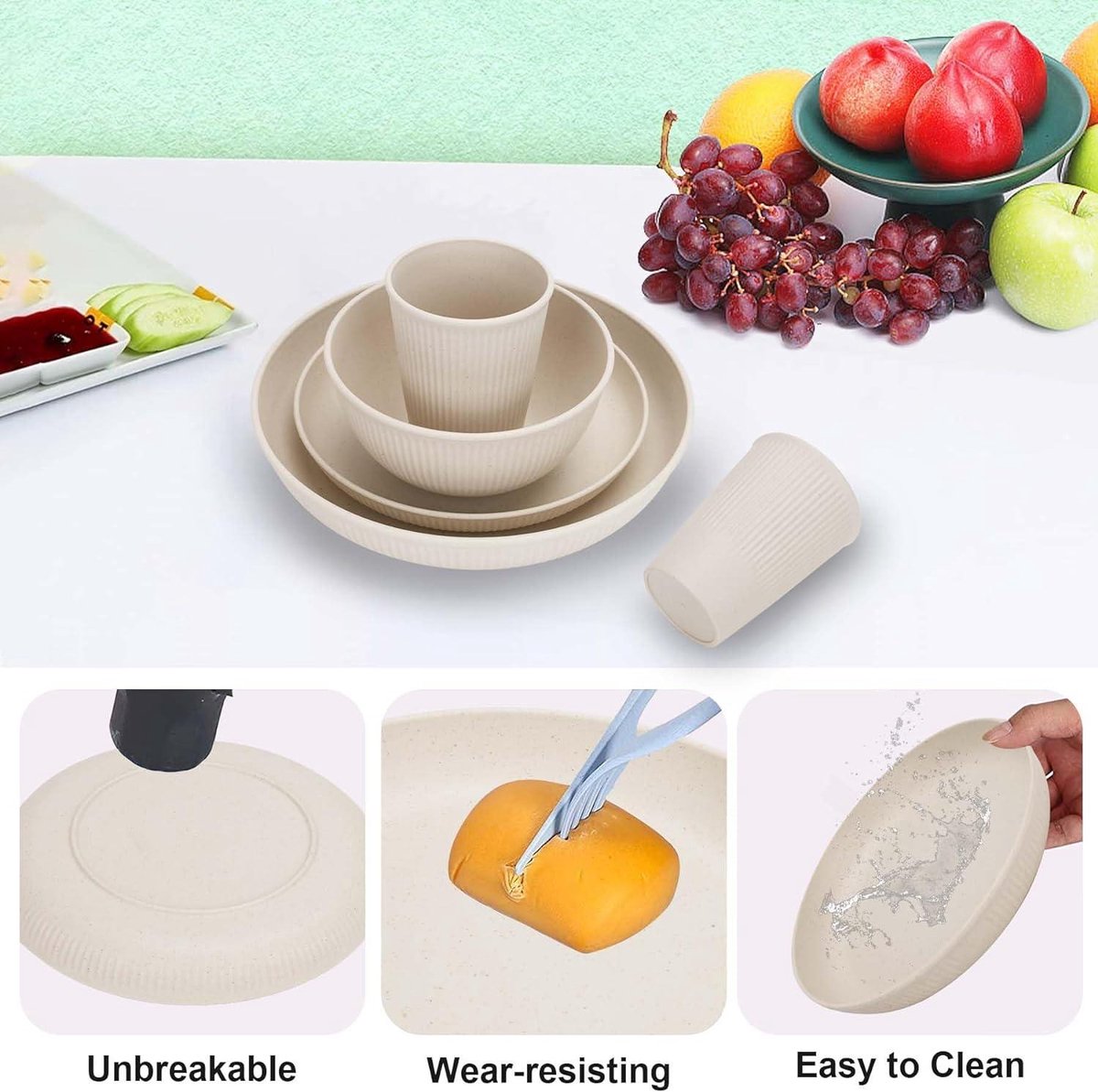 Servies Sets voor 8 Personen - Plastic Borden en Kommen Set - Herbruikbaar Servies - Magnetron en Vaatwasserbestendig - Camping Picknick Thuisfeest Dinerset - 16 stuks Borden 8 stuks Kommen 8 Borden Set 6 Personen