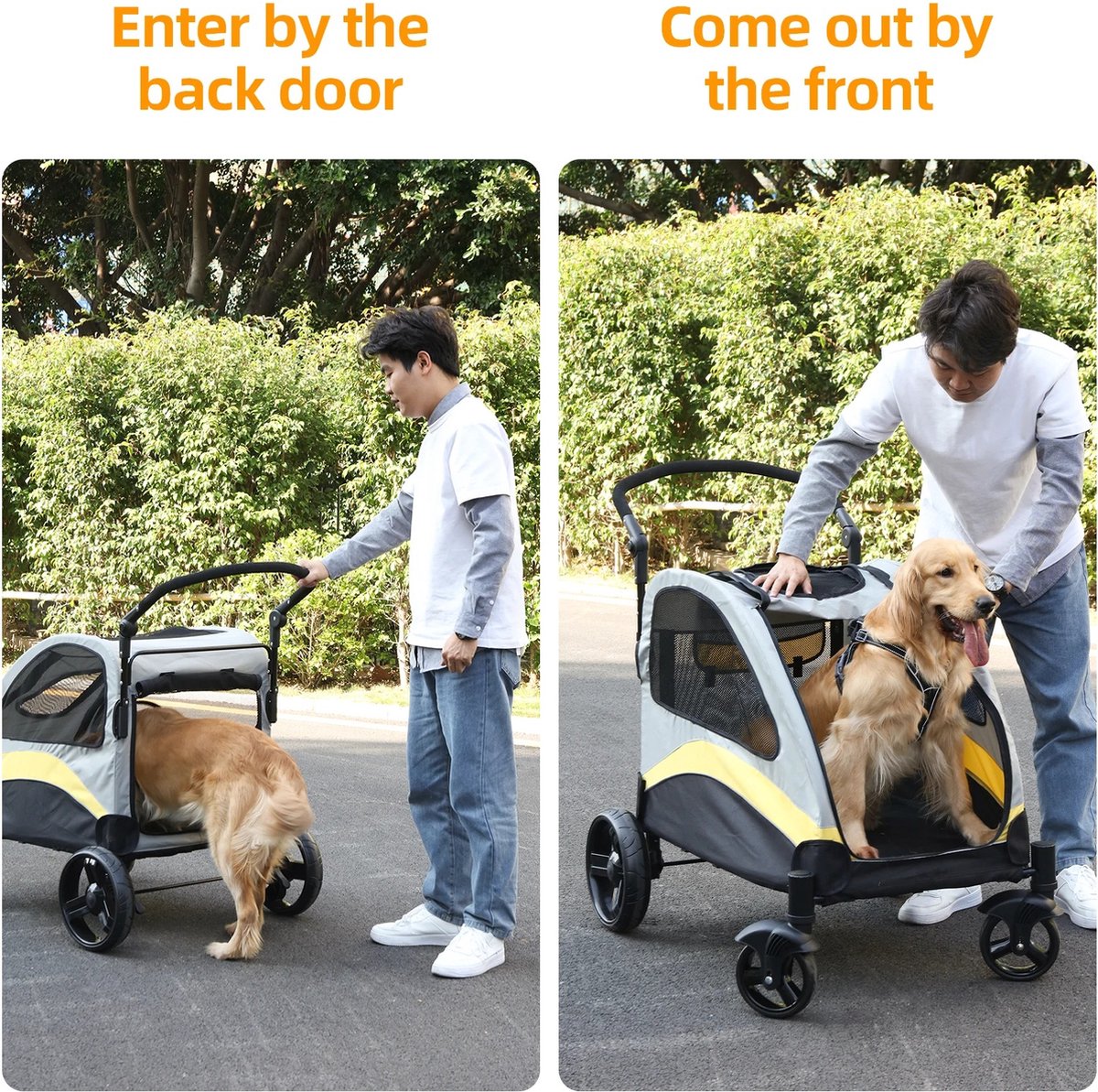 RM Store® - Grote Hond Wandelwagen - 4 Wielen Huisdier Trolley - Verstelbare Hendel - Opvouwbaar - Max. 55KG - Grijs + Geel