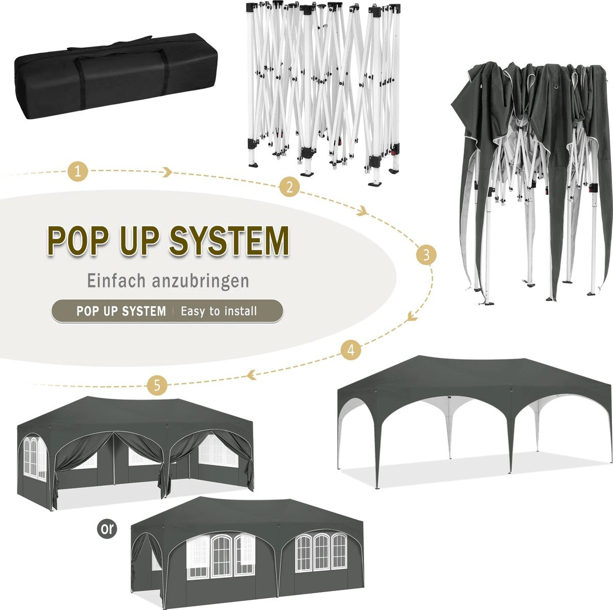 vanBoni - Partytenten - Partytent opvouwbaar - Partytent easy up met zijwanden - Waterdicht en Weersbestendig - 3x6 m - Grijs